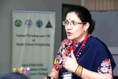 Woman faculty speaking in front of workshop banner at 2nd NWHSS 2016, PGIMER Chandigarh
