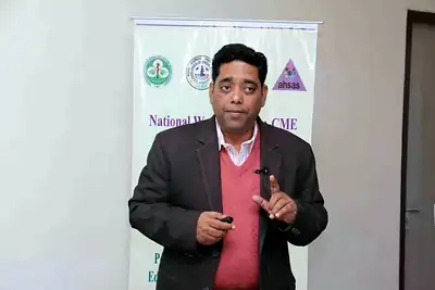 Faculty speaker presenting in front of workshop banner at 2nd NWHSS 2016, PGIMER Chandigarh