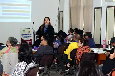 Participants listening to a presenter in a classroom, 4th NWHSS, PGIMER Dec 2018