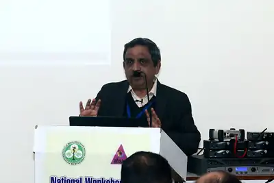 Speaker at podium, 4th NWHSS, PGIMER Dec 2018