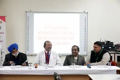 Dignitaries seated at the dais under the workshop slide, 6th NWHSS with Scientific Writing workshop, PGIMER Dec 2019