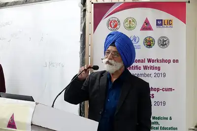 Senior speaker addressing the audience, 6th NWHSS with Scientific Writing workshop, PGIMER Dec 2019